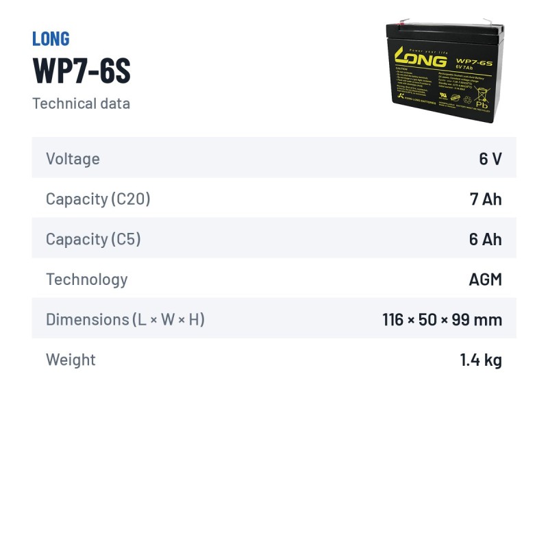 Batteria stazionaria UPS Long WP7-6S 6V 7Ah AGM – scheda tecnica