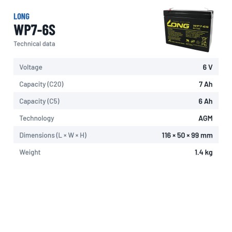 Batteria stazionaria UPS Long WP7-6S 6V 7Ah AGM – scheda tecnica