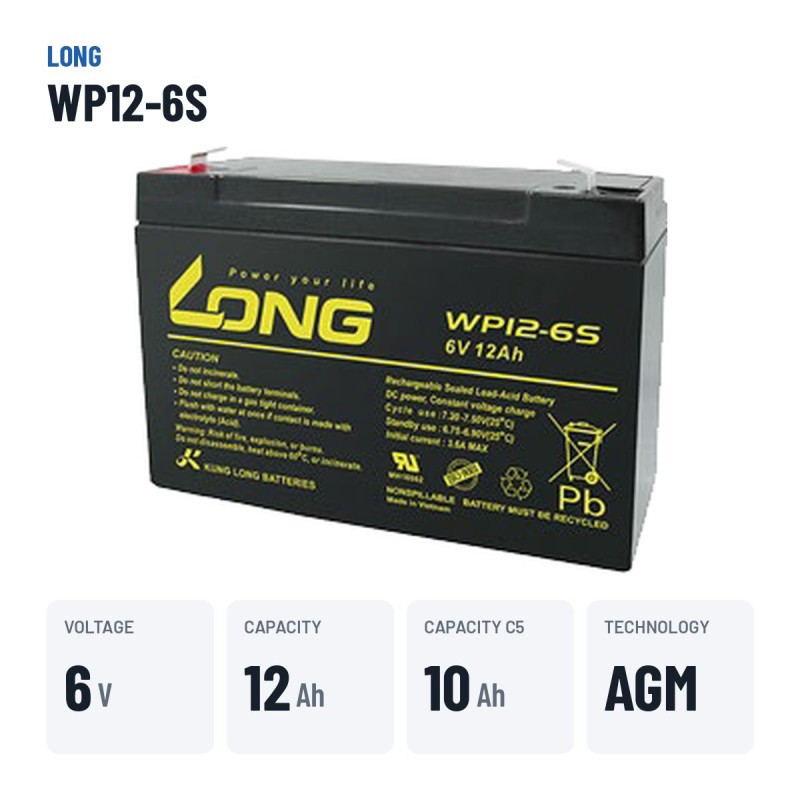 Batterie stationnaire onduleur Long WP12-6S 6V 12Ah AGM – caractéristiques clés
