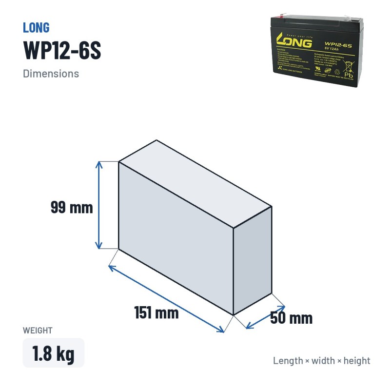 Batterie stationnaire onduleur Long WP12-6S 6V 12Ah AGM – dimensions 151 × 50 × 99 mm