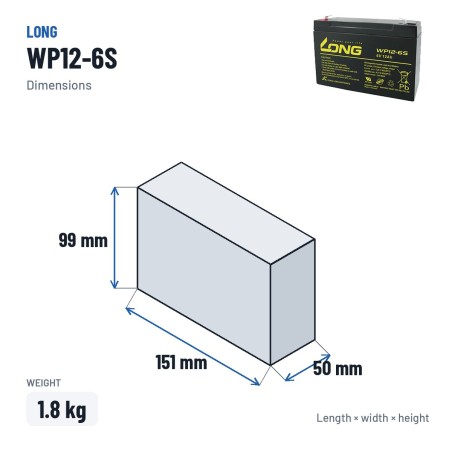 Batterie stationnaire onduleur Long WP12-6S 6V 12Ah AGM – dimensions 151 × 50 × 99 mm