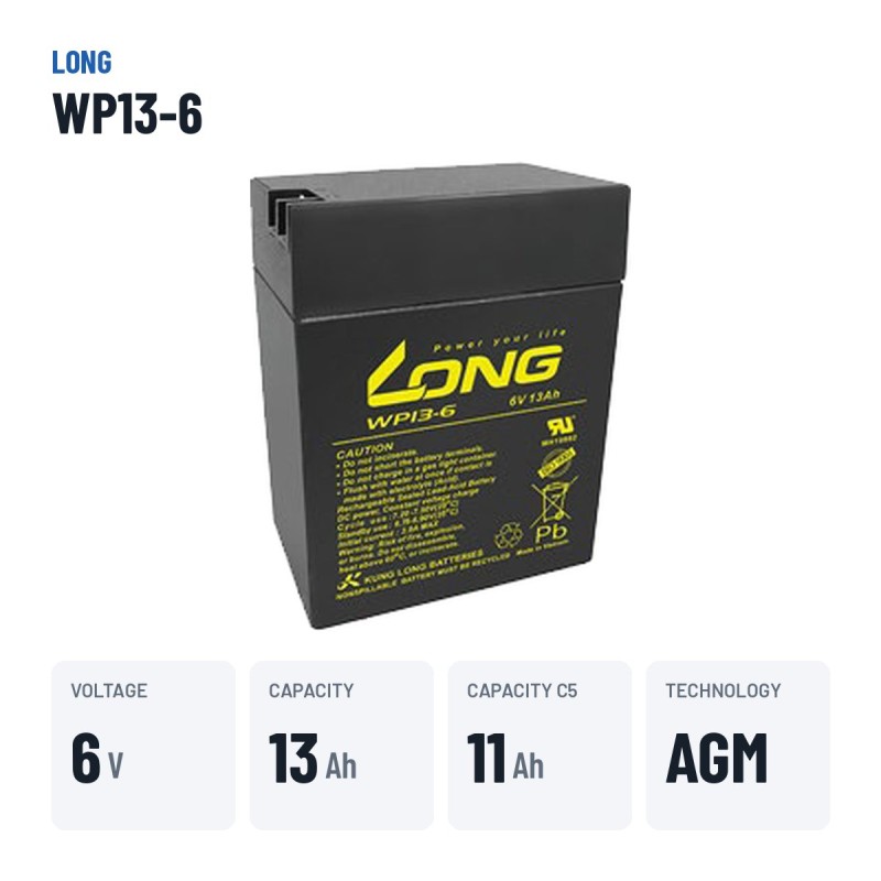 Batterie stationnaire onduleur Long WP13-6 6V 13Ah AGM – caractéristiques clés