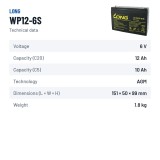 Batterie stationnaire onduleur Long WP12-6S 6V 12Ah AGM – fiche technique