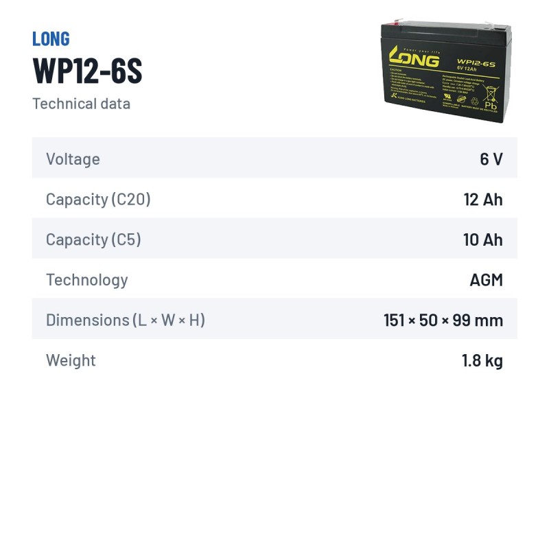 Batterie stationnaire onduleur Long WP12-6S 6V 12Ah AGM – fiche technique