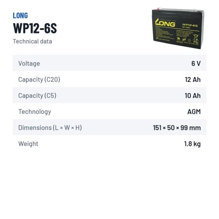 Batterie stationnaire onduleur Long WP12-6S 6V 12Ah AGM – fiche technique