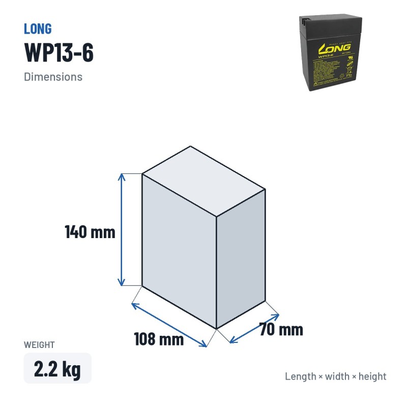 Batterie stationnaire onduleur Long WP13-6 6V 13Ah AGM – dimensions 108 × 70 × 140 mm