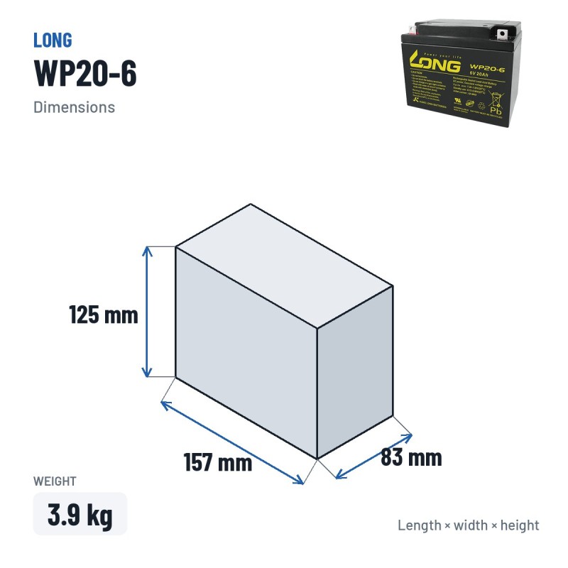 Batterie stationnaire onduleur Long WP20-6 6V 20Ah AGM – dimensions 157 × 83 × 125 mm