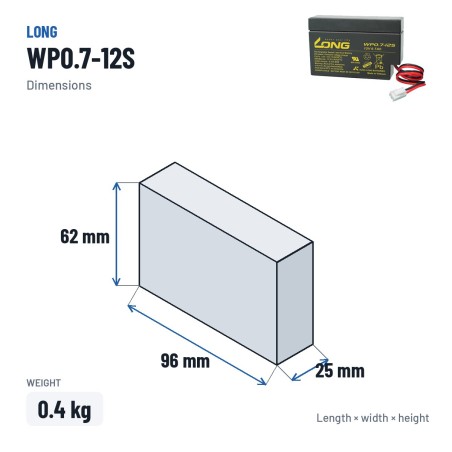 Batteria stazionaria UPS Long WP0.7-12S 12V 0.7Ah AGM – dimensioni 96 × 25 × 62 mm