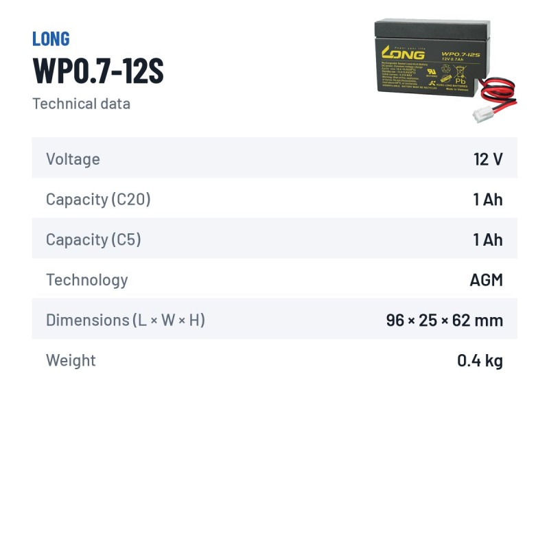 Batteria stazionaria UPS Long WP0.7-12S 12V 0.7Ah AGM – scheda tecnica
