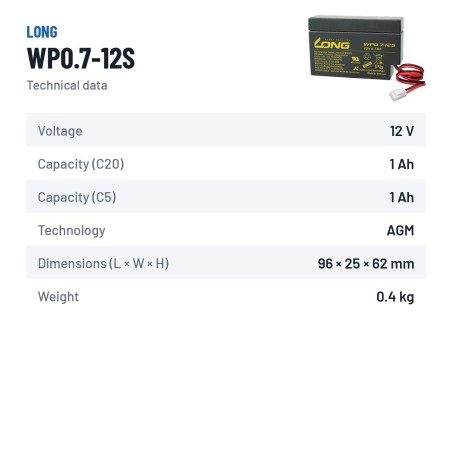 Batteria stazionaria UPS Long WP0.7-12S 12V 0.7Ah AGM – scheda tecnica