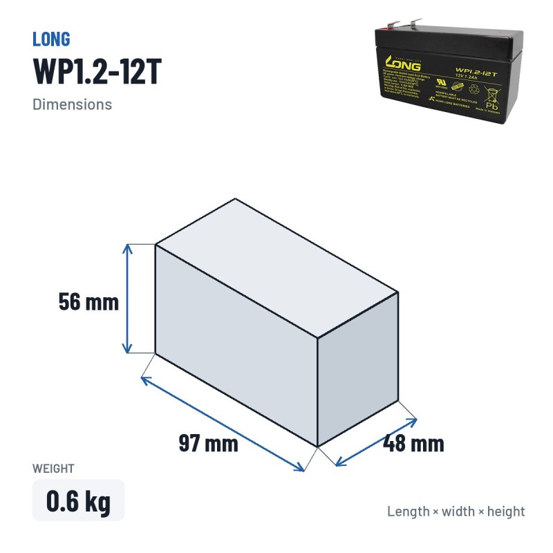 Bateria estacionária UPS Long WP1.2-12T 12V 1.2Ah AGM – medidas 97 × 48 × 56 mm