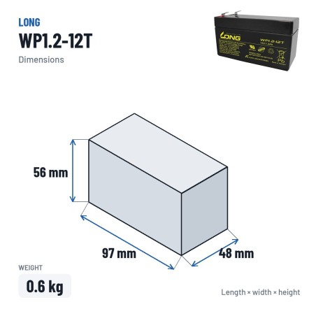 Bateria estacionária UPS Long WP1.2-12T 12V 1.2Ah AGM – medidas 97 × 48 × 56 mm