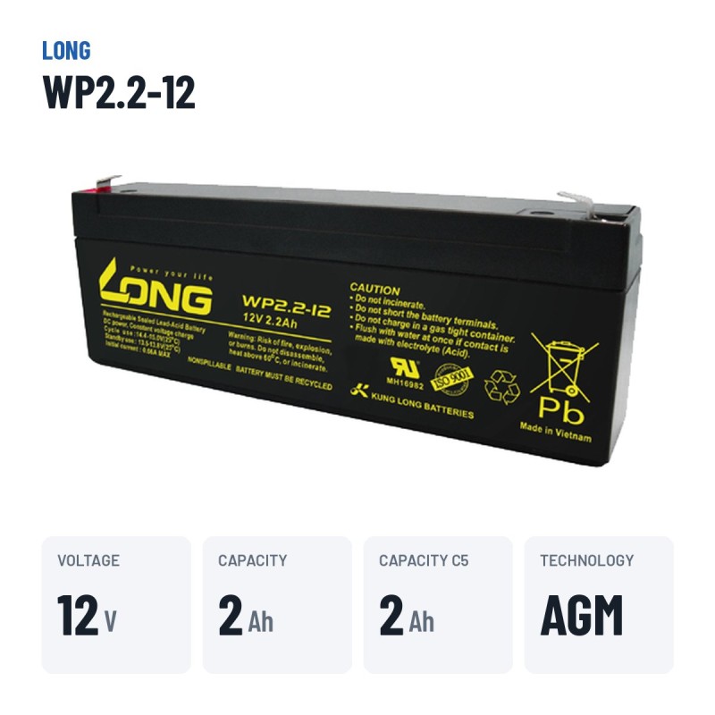 Batería estacionaria SAI/UPS Long WP2.2-12 12V 2.2Ah AGM – datos clave