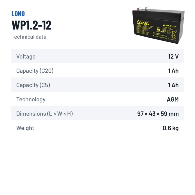 Batteria stazionaria UPS Long WP1.2-12 12V 1.2Ah AGM – scheda tecnica