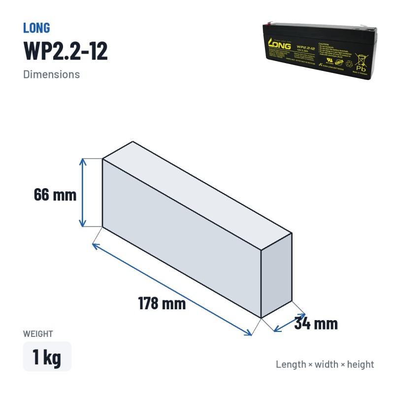 Stationary UPS battery Long WP2.2-12 12V 2.2Ah AGM – dimensions 178 × 34 × 66 mm