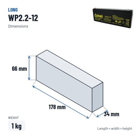 Stationary UPS battery Long WP2.2-12 12V 2.2Ah AGM – dimensions 178 × 34 × 66 mm