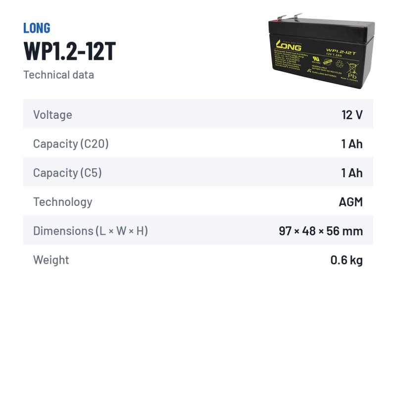 Bateria estacionária UPS Long WP1.2-12T 12V 1.2Ah AGM – ficha técnica
