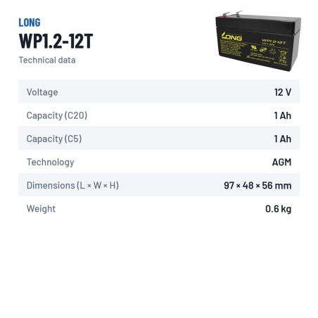 Bateria estacionária UPS Long WP1.2-12T 12V 1.2Ah AGM – ficha técnica