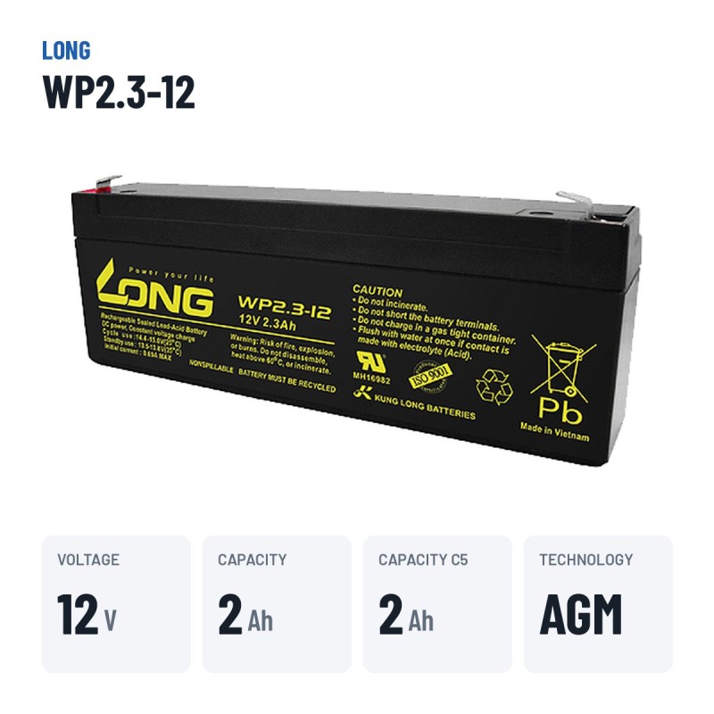 Batería estacionaria SAI/UPS Long WP2.3-12 12V 2.3Ah AGM – datos clave