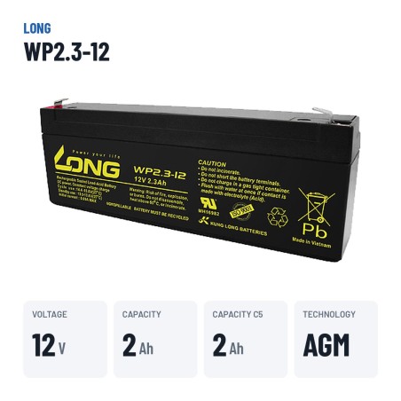 Batería estacionaria SAI/UPS Long WP2.3-12 12V 2.3Ah AGM – datos clave