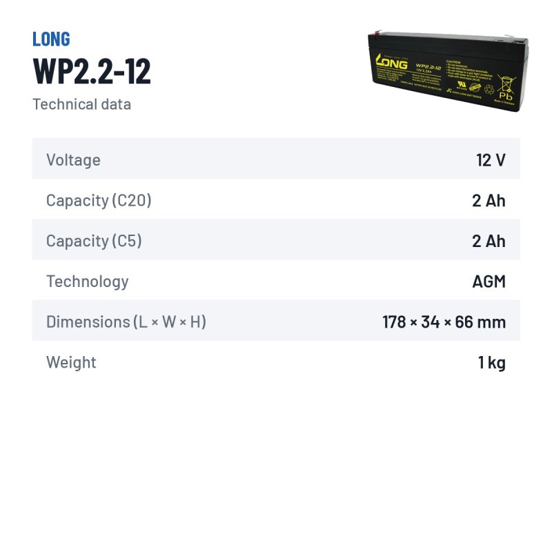 Stationary UPS battery Long WP2.2-12 12V 2.2Ah AGM – technical data