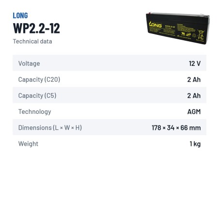 Batterie stationnaire onduleur Long WP2.2-12 12V 2.2Ah AGM – fiche technique