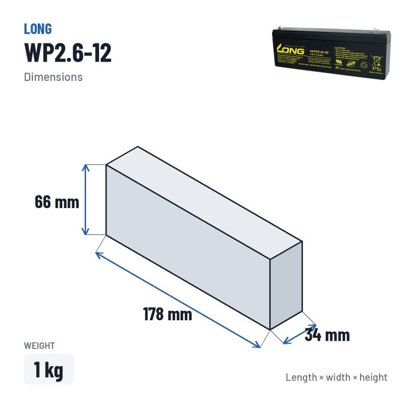 Stationary UPS battery Long WP2.6-12 12V 2.6Ah AGM – dimensions 178 × 34 × 66 mm