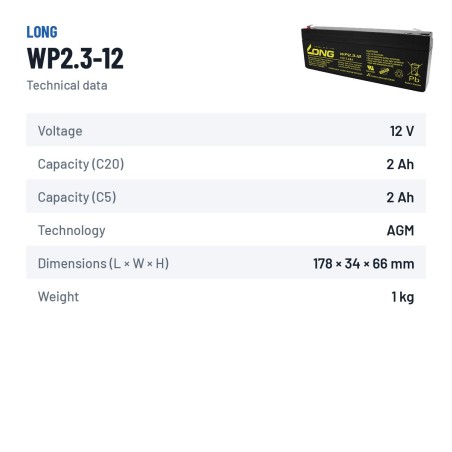 Stationary UPS battery Long WP2.3-12 12V 2.3Ah AGM – technical data
