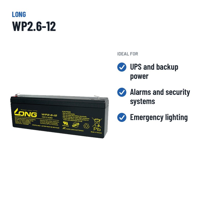 Bateria estacionária UPS Long WP2.6-12 12V 2.6Ah AGM – utilizações recomendadas
