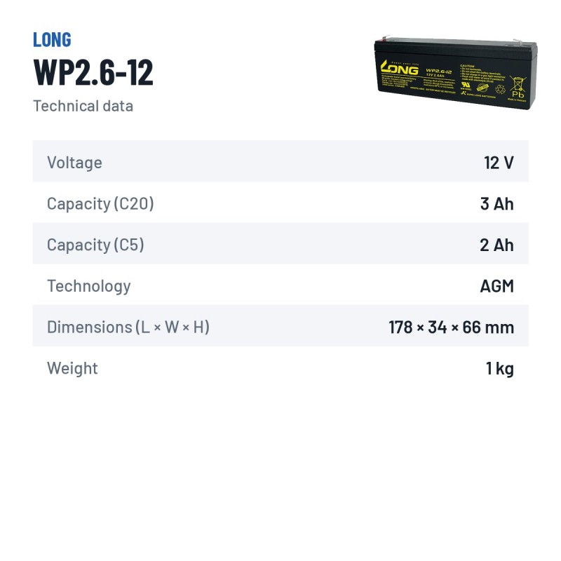 Bateria estacionária UPS Long WP2.6-12 12V 2.6Ah AGM – ficha técnica