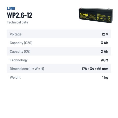 Stationary UPS battery Long WP2.6-12 12V 2.6Ah AGM – technical data
