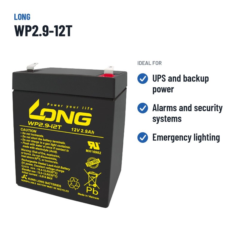 Batterie stationnaire onduleur Long WP2.9-12T 12V 2.9Ah AGM – utilisations recommandées