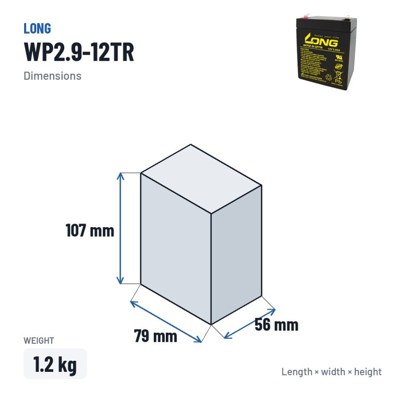 Bateria estacionária UPS Long WP2.9-12TR 12V 2.9Ah AGM – medidas 79 × 56 × 107 mm