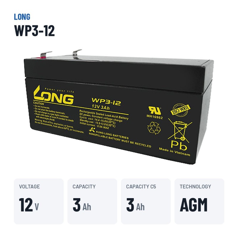 Stationärbatterie USV Long WP3-12 12V 3Ah AGM – wichtigste Daten