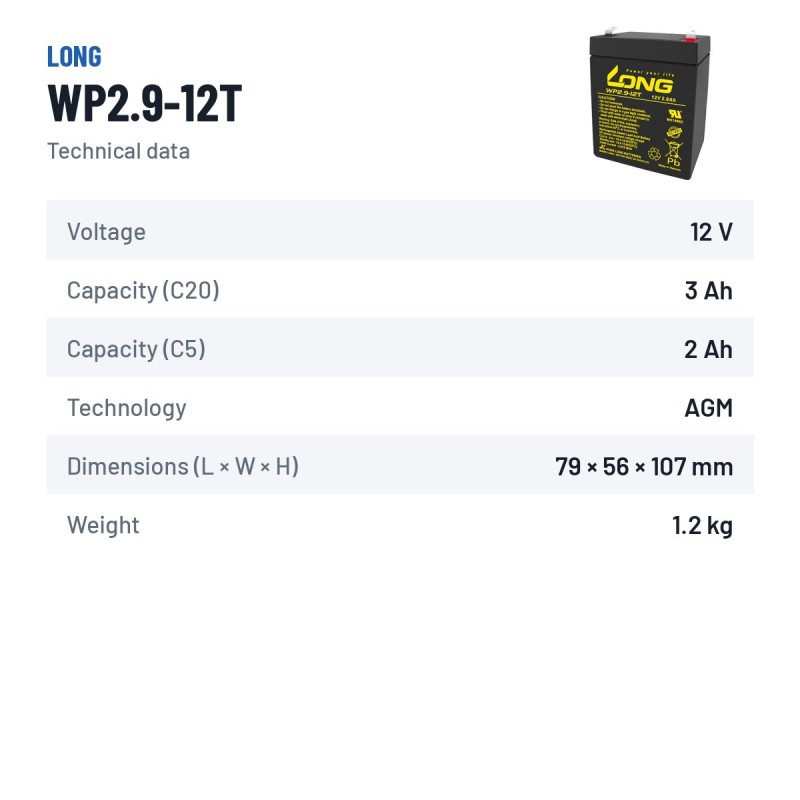 Batterie stationnaire onduleur Long WP2.9-12T 12V 2.9Ah AGM – fiche technique