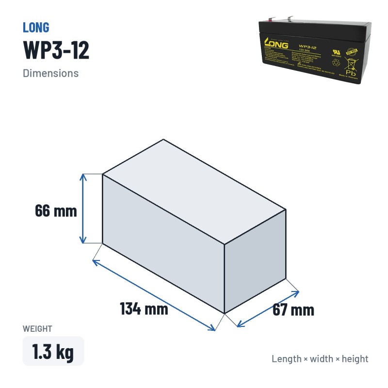 Stationärbatterie USV Long WP3-12 12V 3Ah AGM – Abmessungen 134 × 67 × 66 mm