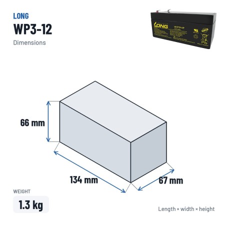 Batteria stazionaria UPS Long WP3-12 12V 3Ah AGM – dimensioni 134 × 67 × 66 mm