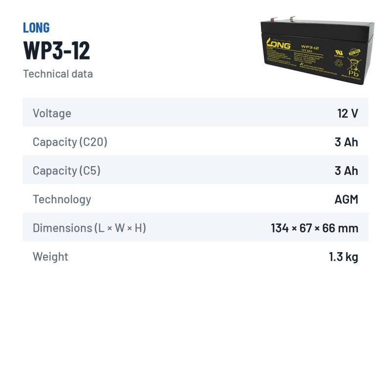 Batería estacionaria SAI/UPS Long WP3-12 12V 3Ah AGM – ficha técnica