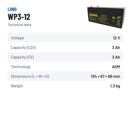 Batteria stazionaria UPS Long WP3-12 12V 3Ah AGM – scheda tecnica