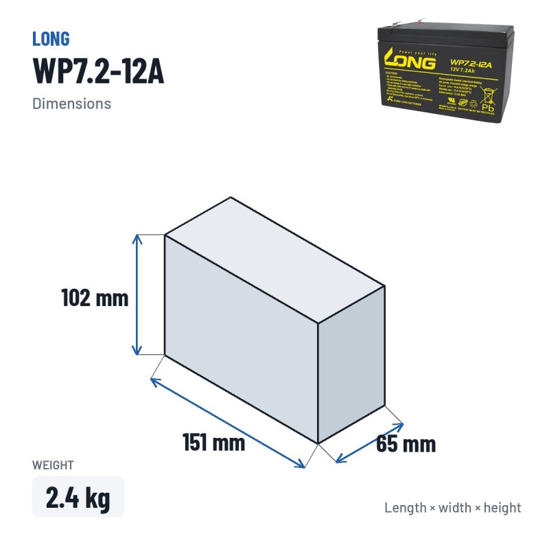 Stationärbatterie USV Long WP7.2-12A 12V 7.2Ah AGM – Abmessungen 151 × 65 × 102 mm