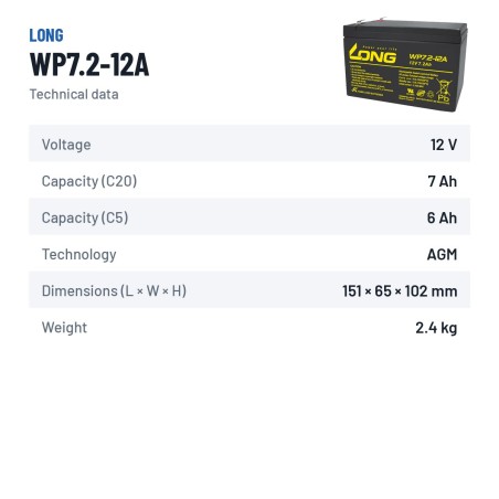 Bateria estacionária UPS Long WP7.2-12A 12V 7.2Ah AGM – ficha técnica