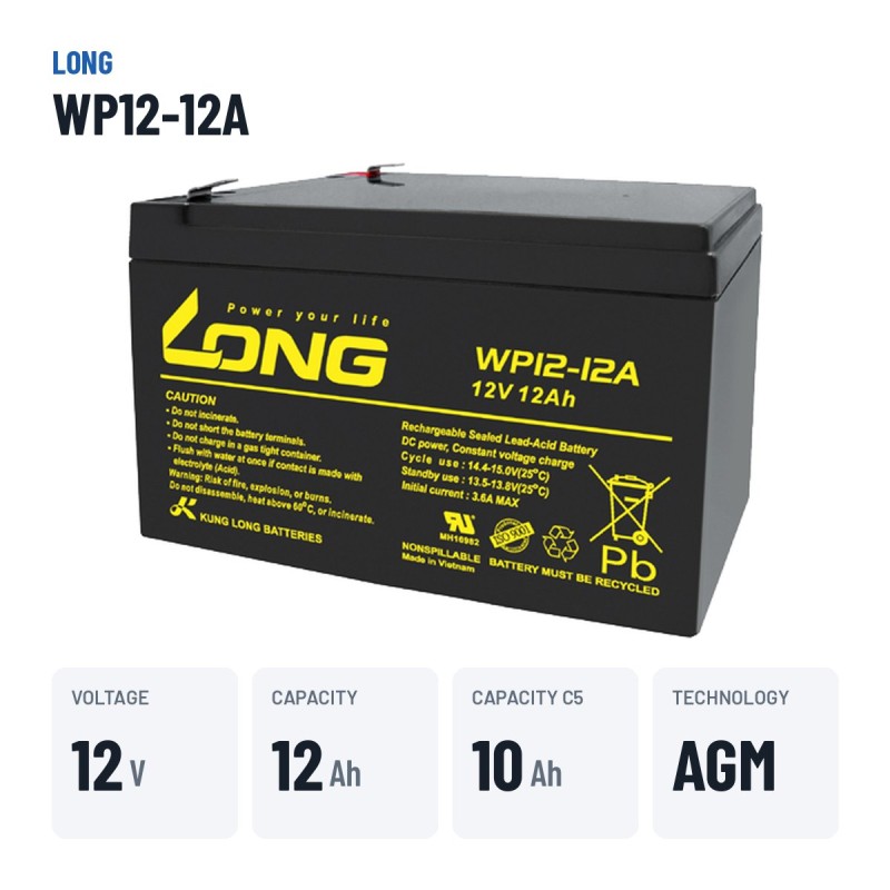 Rollstuhlbatterie Long WP12-12A 12V 12Ah AGM – wichtigste Daten