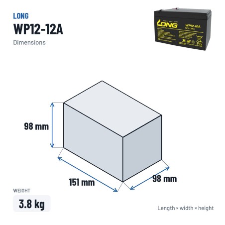 Rollstuhlbatterie Long WP12-12A 12V 12Ah AGM – Abmessungen 151 × 98 × 98 mm