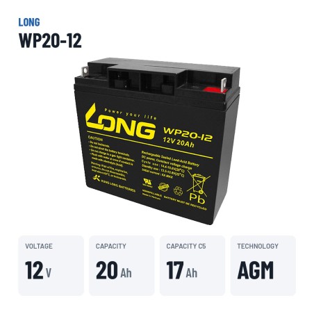 Bateria de cadeira de rodas Long WP20-12 12V 20Ah AGM – dados principais