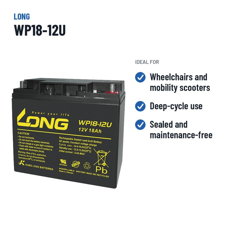 Wheelchair battery Long WP18-12U 12V 18Ah AGM – recommended uses