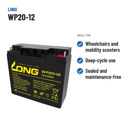 Bateria de cadeira de rodas Long WP20-12 12V 20Ah AGM – utilizações recomendadas