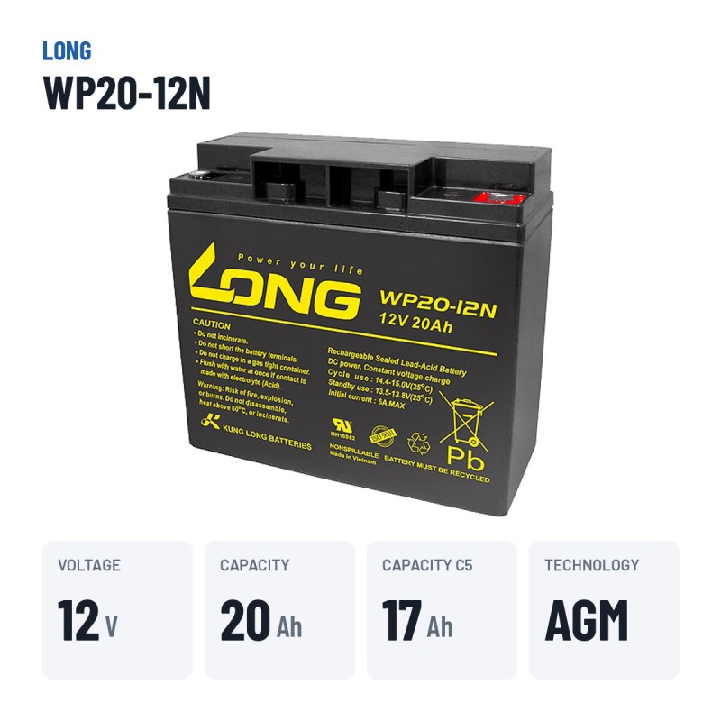 Batteria per carrozzina Long WP20-12N 12V 20Ah AGM – dati principali
