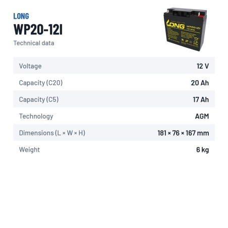 Batería de silla de ruedas Long WP20-12I 12V 20Ah AGM – ficha técnica