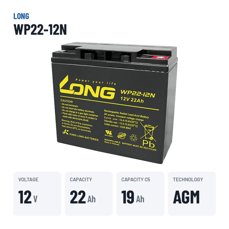 Batterie fauteuil roulant Long WP22-12N 12V 22Ah AGM – caractéristiques clés