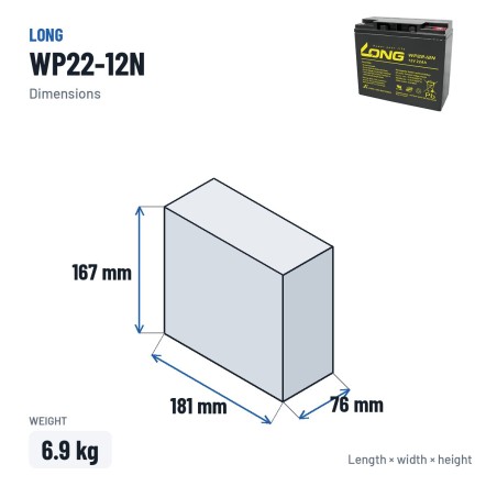 Batterie fauteuil roulant Long WP22-12N 12V 22Ah AGM – dimensions 181 × 76 × 167 mm
